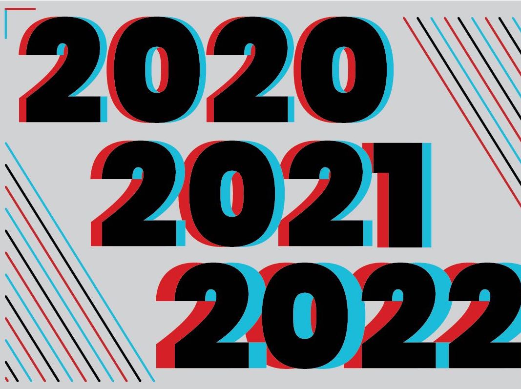 Anaglyphic text of the years 2020, 2021, 2022 descending