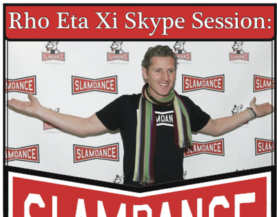 The top of a poster, on top it reads Rho Eta Xi Skype Sessions and below is a picture of Peter Baxter above a cut off Slamdance logo